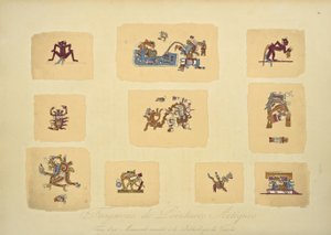 Fragmenter af aztekiske malerier, fra manuskriptet bevaret i Vatikanets bibliotek, illustration fra Views of the Cordilleras and Monuments of the Indigenous Peoples of America af Alexander von Humboldt og